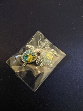 Source Unknown Silver Turtle Earrings with Teal and Gold Accents